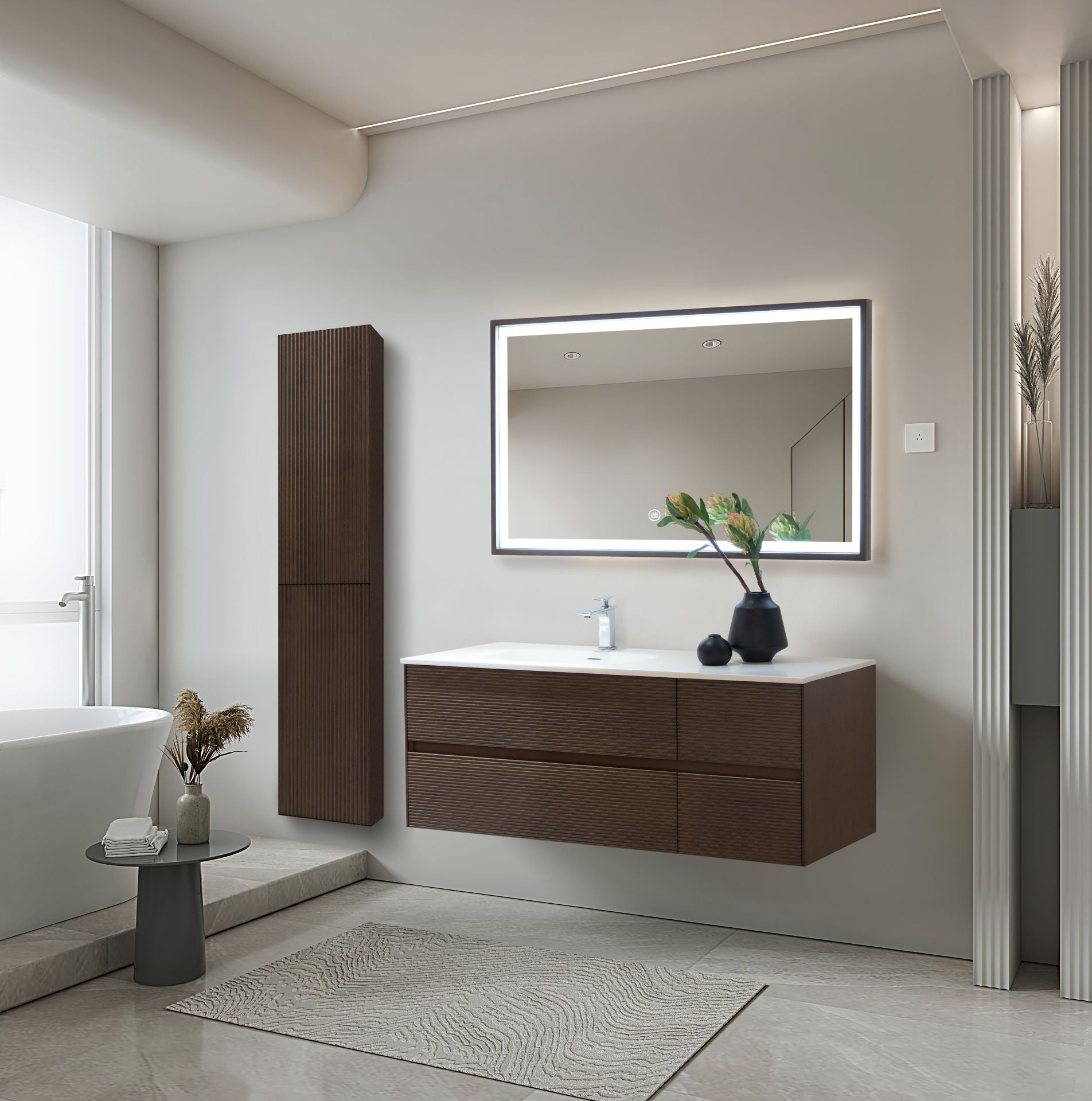 LAYDA VANITY UNIT - 4 DRAWERS - HANDLELESS - SOFT CLOSE – 119X49X52 CM - DARK WALNUT